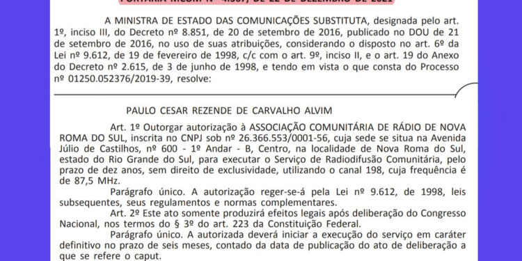 Autorização para o funcionamento da Rádio Nova Roma FM é publicada no Diário Oficial da União