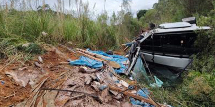 Caminhão carregado com chapas de ferro sai da pista na ERS-122, em Antônio Prado