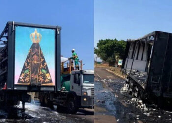 Painel de Nossa Senhora Aparecida fica intacto após fogo destruir carreta de algodão