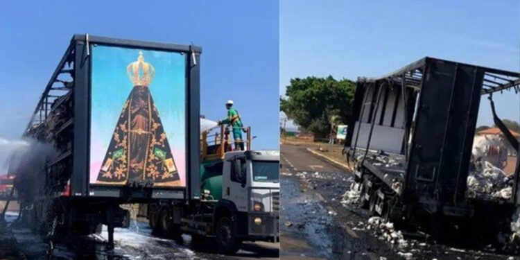 Painel de Nossa Senhora Aparecida fica intacto após fogo destruir carreta de algodão