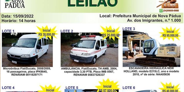 Prefeitura de Nova Pádua realiza leilão para venda de máquinas e veículos