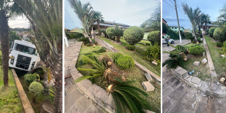 Acidente de trânsito em Nova Roma do Sul: caminhão desgovernado colide com muro de residência durante entregas