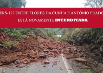 Atenção: ERS-122 entre Flores da Cunha e Antônio Prado, está novamente INTERDITADA devido a um novo deslizamento de terra