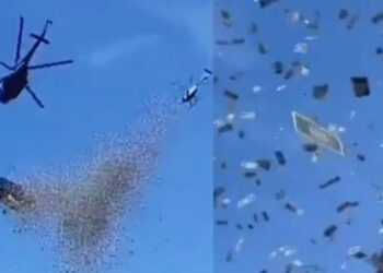 Bilionário faz ‘chover dinheiro’ e usa helicóptero para jogar US$ 1 milhão em pessoas