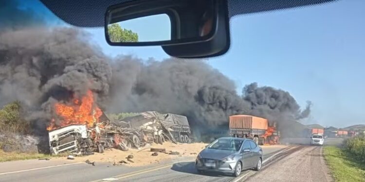Dois caminhões pegam fogo e motoristas morrem após colisão frontal na BR-392, em Santana da Boa Vista