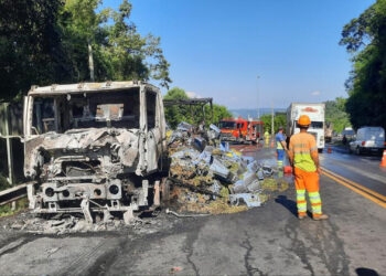 Caminhão carregado com 12 toneladas de uva pega fogo na BR-386 em Pouso Novo
