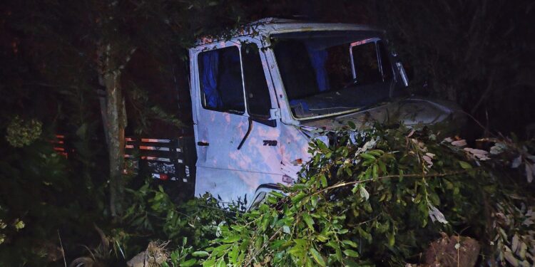 Homem de 57 anos perde o controle de seu caminhão e colide com algumas árvores na linha Castro Alves
