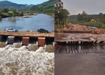 Ponte provisória construída após enchente é levada por correnteza de rio no RS