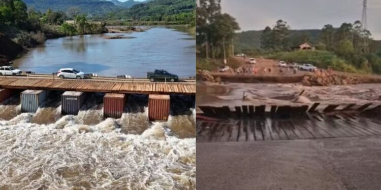 Ponte provisória construída após enchente é levada por correnteza de rio no RS