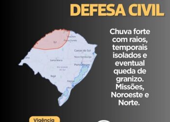 Defesa Civil alerta para chuva forte, temporais e queda de granizo no Rio Grande do Sul